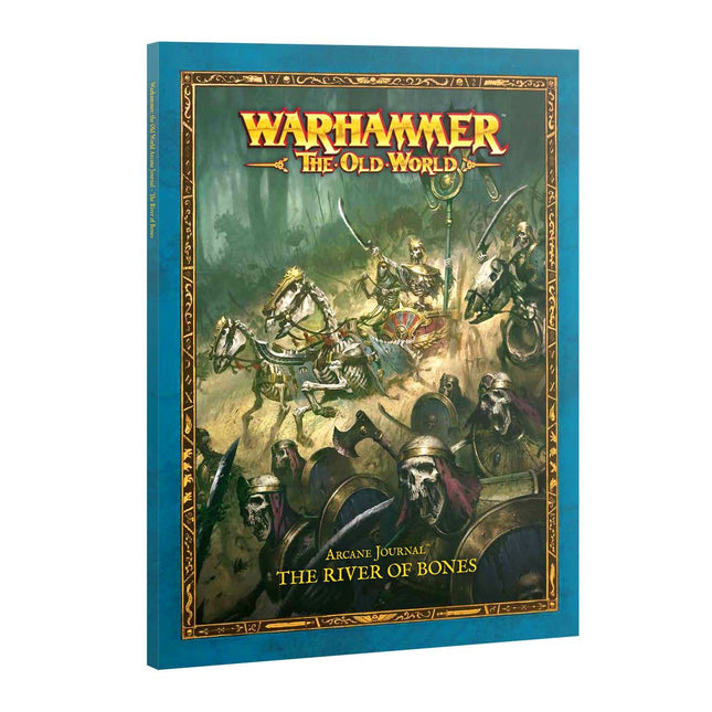 Tomb Kings van Khemri Arcane Journal The River of Bones met oude symbolen en details in een zwart-wit ontwerp.