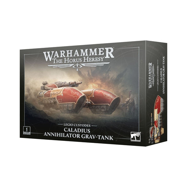 Horus Heresy Legio Custodes Caladius Annihilator Grav-tank met gedetailleerde armor en wapens, opgesteld op een veld.