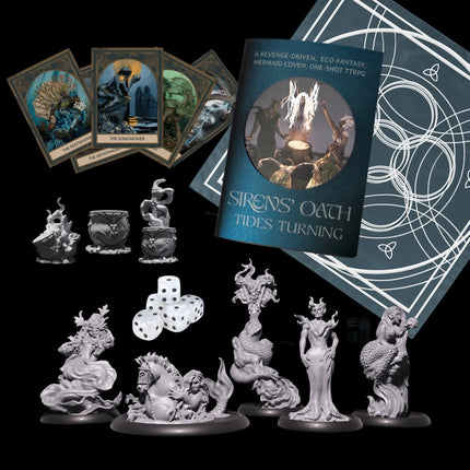 Binnenkant van de Sirens' Oath: Core Ritual Box voor Warband van ArcWorlde, met miniaturen en ritueelmaterialen zichtbaar
