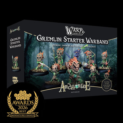 ArcWorlde Gremlins starter warband in een doos met miniaturen en accessoires voor bordspellen en miniatuurspelletjes.