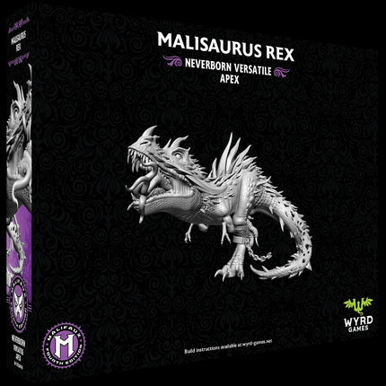 Malifaux 4e Malisaurus Rex tabletop game miniatuur, zichtbaar vanuit de achterkant, gedetailleerd en kleurrijk model.