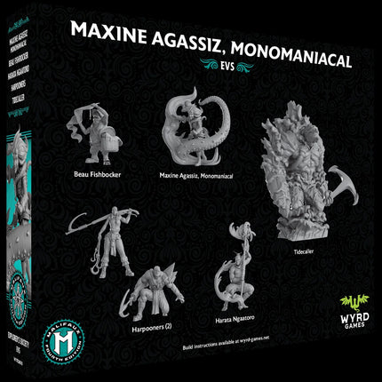 Malifaux 4e Maxine Agassiz Monomaniacal tabletop game miniatuur, zwart-wit afbeelding van achterzijde met gedetailleerd figuur.
