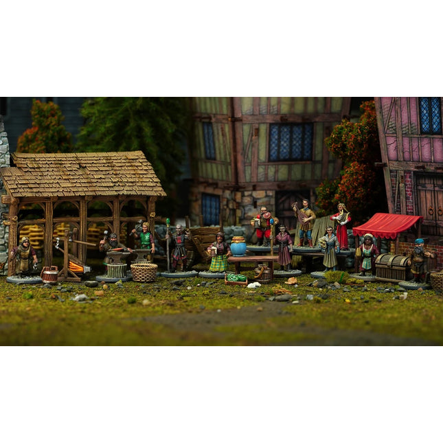 Miniaturen van Villagers 2 Elves en Dwarves van Wargames Atlantic, weergegeven in de doos met gedetailleerde figuren en kleurrijke details.