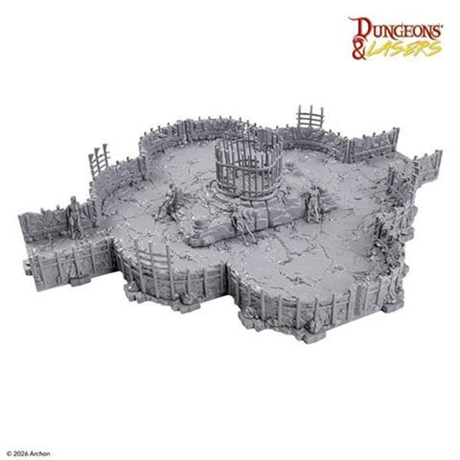 Donjon-terrein van Dungeons&Lasers met donkere, griezelige gangen en obstakels voor tabletop rollenspellen.