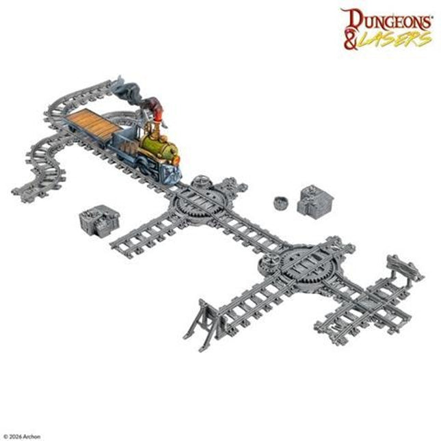 Dwarven treinset terrain van Dungeons&Lasers met gedetailleerde dwarven trein en landschap voor tabletop spellen