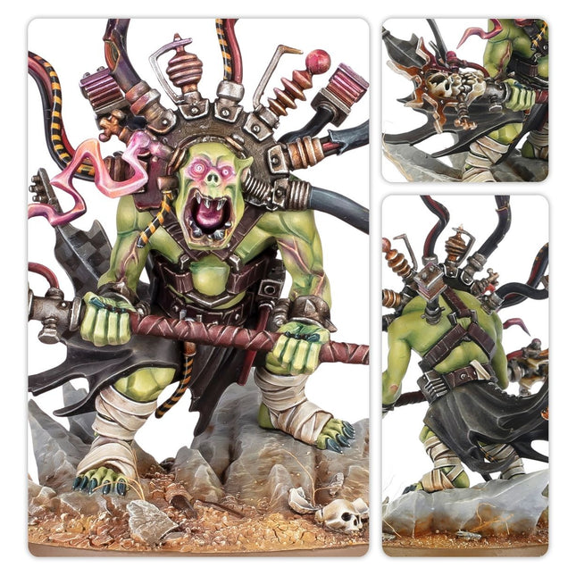 Warhammer 40.000 Orks Weirdboy Xenos miniatuur met gedetailleerd groen en oranje kleurenschema, klaar voor modelleren en schilderen