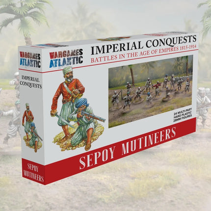 Miniaturen van Sepoy Mutineers voor Imperial Conquests door Wargames Atlantic, gedetailleerde oorlogssoldaten in militaire uniformen.