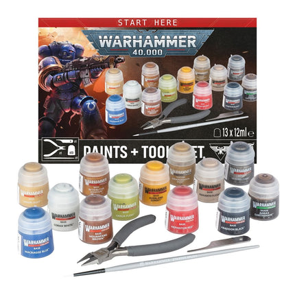 Warhammer 40.000 startset met verf en gereedschap voor modellerings- en schilderprojecten, inclusief diverse kleuren en tools.