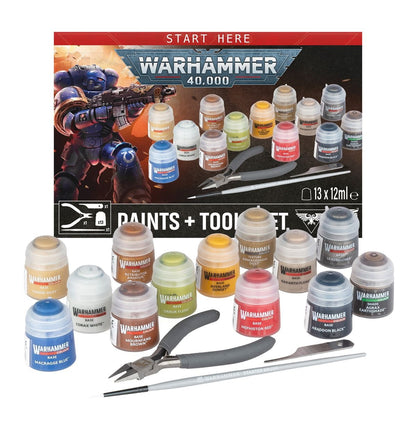Warhammer 40.000 startset met verf en gereedschap voor modellerings- en schilderprojecten, inclusief diverse kleuren en tools.