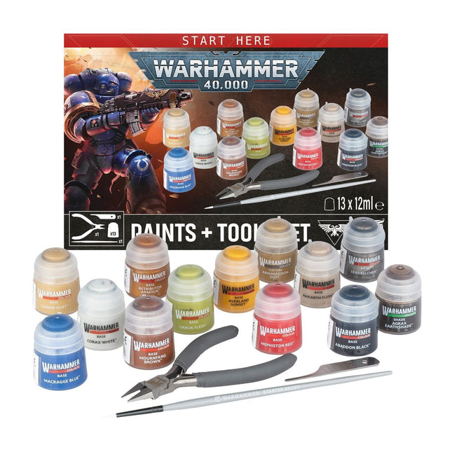 Warhammer 40.000 startset met verf en gereedschap voor modellerings- en schilderprojecten, inclusief diverse kleuren en tools.