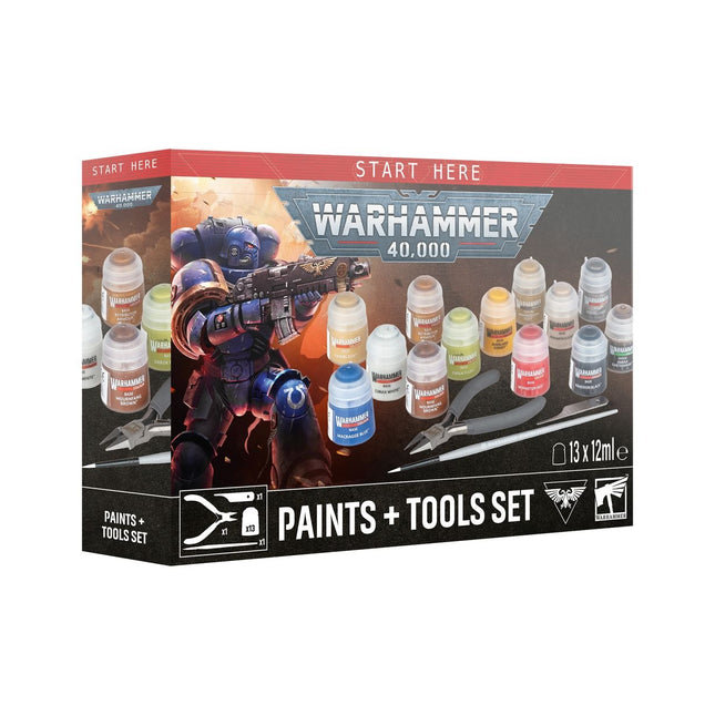 Warhammer 40.000 starterset met verf en gereedschap voor het schilderen en modelleren van Warhammer 40K miniaturen
