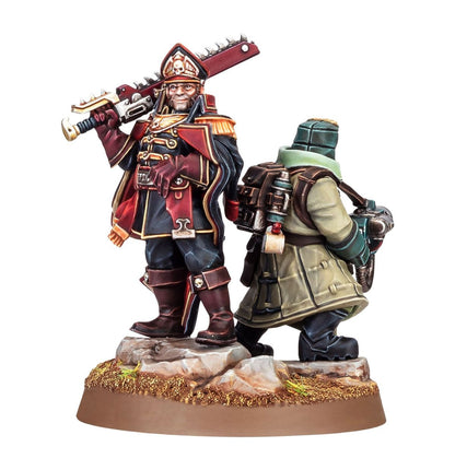 Astra Militarum Ciaphas Cain van Warhammer 40.000, Imperium model, gedetailleerde miniatuur met militaire uitrusting en uniform.