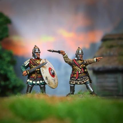 Miniatuur van late Romeinse legionairs met lorica squamata, Wargames Atlantic, detail van harnas en wapens