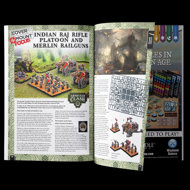Open boek van Wargames Illustrated Wi464, augustus 2026, met afbeeldingen en artikelen over miniature oorlogssimulaties.