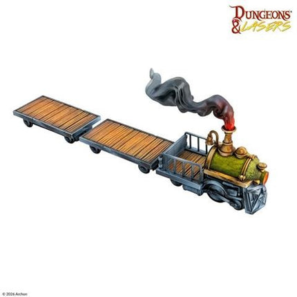 Dwarven treinset van Dungeons&Lasers, gedetailleerd terreinmodel met dwarven treinen en landschap voor bordspellen.