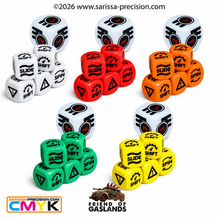 Witte Gaslands Refuelled Skid & Gear fase dobbelstenen voor spelmateriaal, close-up van de witte game dice.