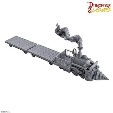 Dwarven treinenset van Dungeons&Lasers, gedetailleerd terrainmodel met dwarven treinen en rails voor tabletop spellen