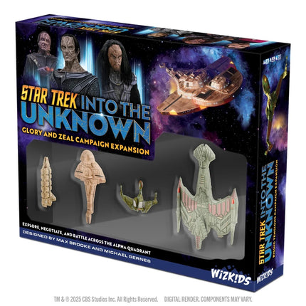 Star Trek Into the Unknown Glory and Zeal expansie doos voor bordspel, kleurrijk ontwerp en logo zichtbaar.