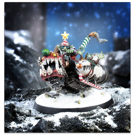 Warhammer 40.000 Da Red Gobbo's Squigmobile model met kleurrijke details en gedetailleerde ornamenten, klaar voor tabletop battles.