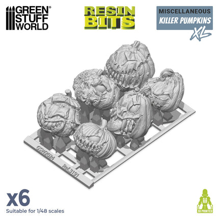 Groepsfoto van een 3D geprint set grote Killer Pumpkins van GreenStuffWorld, gemaakt van resin.