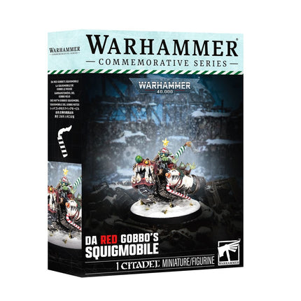 Warhammer 40.000 Da Red Gobbo's Squigmobile model met kleurrijke details en Warhammer 40.000 branding op een witte achtergrond
