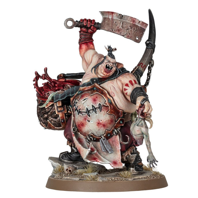 Miniatuur van een AoS Ogor Mawtribes Butcher van Age of Sigmar, gedetailleerde figuur met wapens en karakteristieke uitstraling