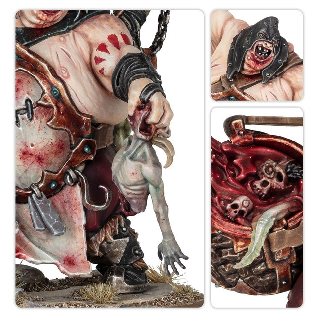 Miniatuur van de AoS Ogor Mawtribes Butcher van Age of Sigmar, gedetailleerd beeld van de fantasy figuur