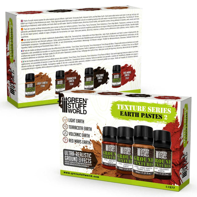 Set van vier GreenStuffWorld aardetextuurverfflessen van 30ml voor landschapsdecoratie, Volume 2, natuurlijke aardetexturen.