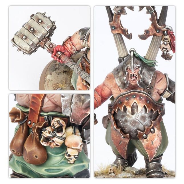 Miniatuur van AoS Ogor Mawtribes Gluttons van Age of Sigmar, beeld van grote ogor met wapens en harnas, klaar voor gevecht.