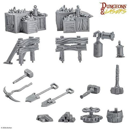Dwarven treinset terrain van Dungeons&Lasers met kleine dwarven treinen en bergen voor tabletop rollenspellen