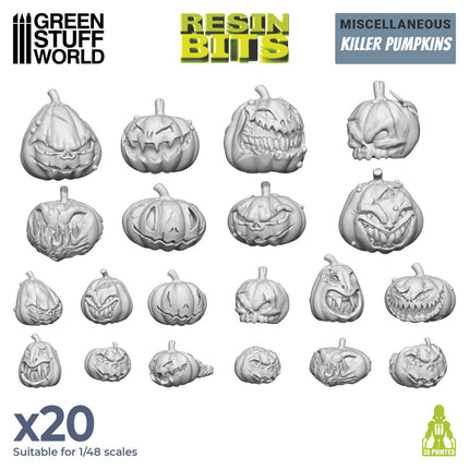 3D geprint set van GreenStuffWorld met griezelige pompoenen voor Halloween decoratie en creatieve projecten.