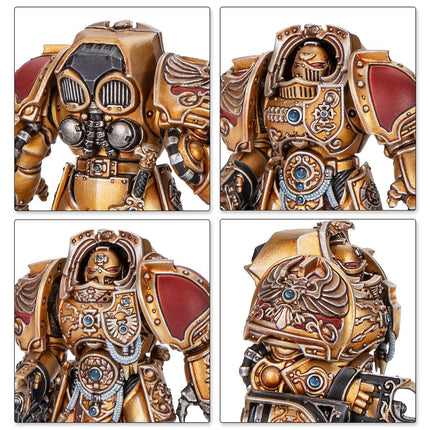 Warhammer 40.000 Adeptus Custodes Aquilon Terminator Sodality miniatuur in Imperium stijl, gedetailleerd en kleurrijk.