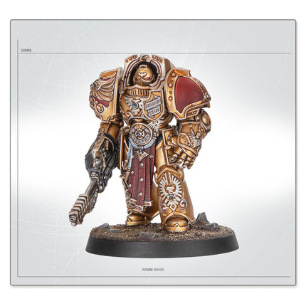 Warhammer 40.000 Adeptus Custodes Aquilon Terminator Sodality Imperium miniatuur met gedetailleerd wapen en armor.