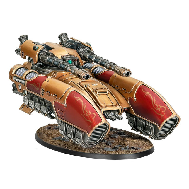Imperium Warhammer 40.000 Adeptus Custodes Caladius Grav-Tank model met gedetailleerde armor en wapensysteem op een displaybord