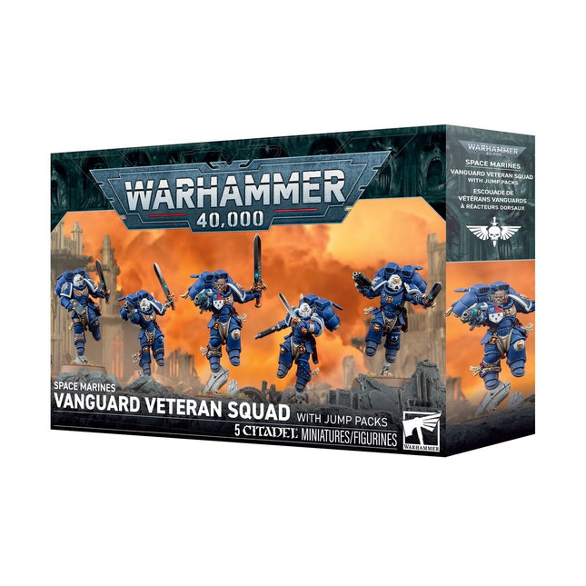 Warhammer 40.000 Space Marines Vanguard Veteran Squad met Jump Packs, Imperium legering, gedetailleerde miniaturen in actie.