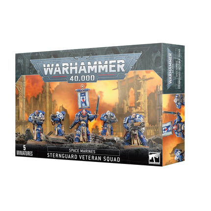 Space Marines Sternguard Veteran Squad van Warhammer 40.000 met gedetailleerde miniaturen en uitrusting op een tabletop.