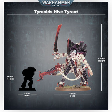 Gedetailleerde afbeelding van een Warhammer 40.000 Tyranids Hive Tyrant Xenos model met schaalverdeling.