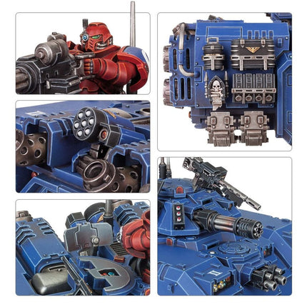 Gedetailleerde Warhammer 40.000 Space Marines Repulsor van het Imperium, met militaire details en futuristische uitstraling.