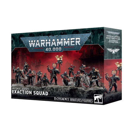 Warhammer 40.000 Imperial Agents: Exaction Squad van het Imperium met gedetailleerde miniaturen en gevechtsthema.