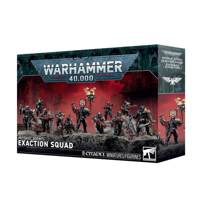 Warhammer 40.000 Imperial Agents: Exaction Squad van het Imperium met gedetailleerde miniaturen en gevechtsthema.