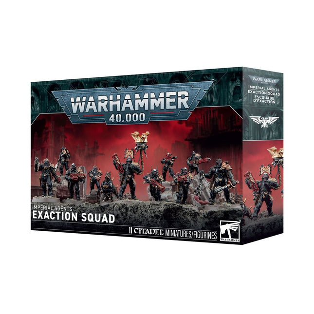 Warhammer 40.000 Imperial Agents: Exaction Squad van het Imperium met gedetailleerde miniaturen en gevechtsthema.