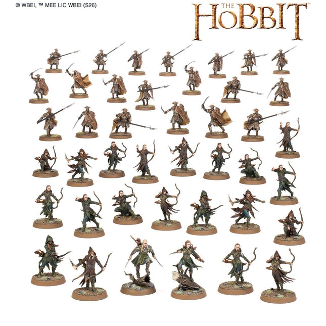 Middle Earth SBG Mirkwood Battlehost miniatuurverzameling met elfen en bosfiguren op een veld
