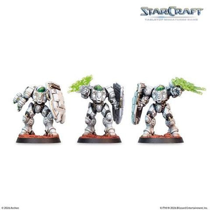 StarCraft Terran Starter Set met miniaturen en speelstukken voor strategisch bordspel, inclusief terrein en actiekaarten.