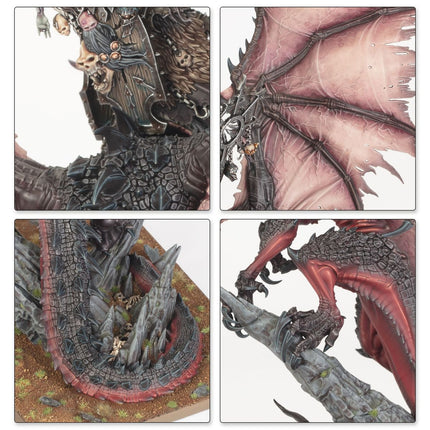 Warriors of Chaos: Heer der Chaos leider op drak, gekleed in imposante uitrusting, klaar voor strijd, op een gedetailleerde miniatuur.