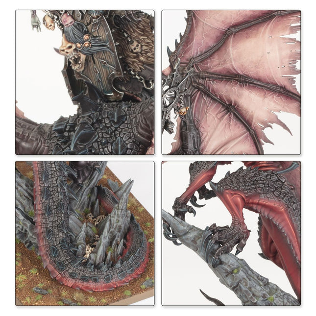 Warriors of Chaos: Heer der Chaos leider op drak, gekleed in imposante uitrusting, klaar voor strijd, op een gedetailleerde miniatuur.