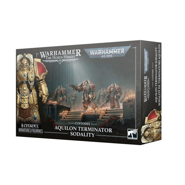 Adeptus Custodes Aquilon Terminator Sodality van Warhammer 40.000, Imperium model set met gedetailleerde miniaturen in doos.