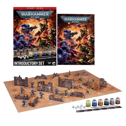 Warhammer 40.000 introductieset met miniaturen, handleidingen en accessoires voor beginners in het tabletop spel.