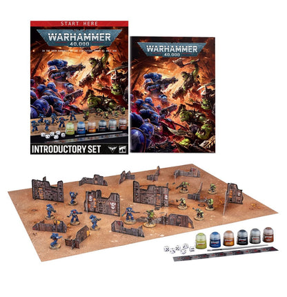 Warhammer 40.000 introductieset met miniaturen, handleidingen en accessoires voor beginners in het tabletop spel.