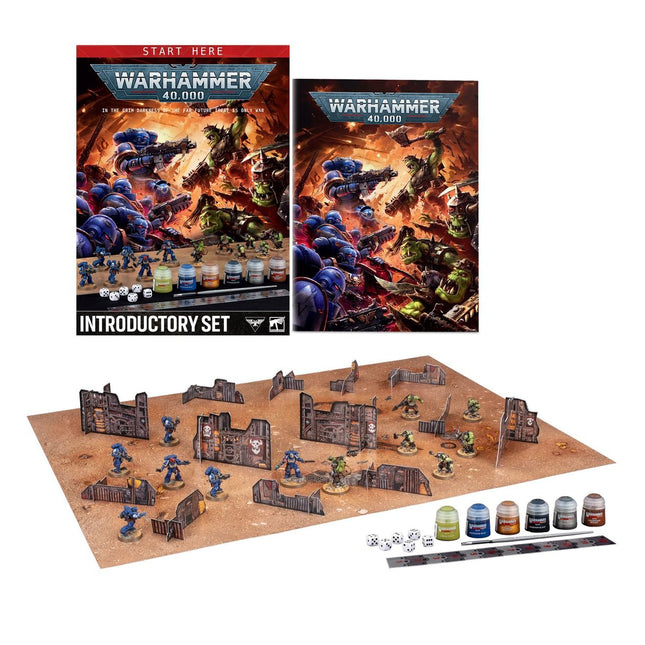 Warhammer 40.000 introductieset met miniaturen, handleidingen en accessoires voor beginners in het tabletop spel.