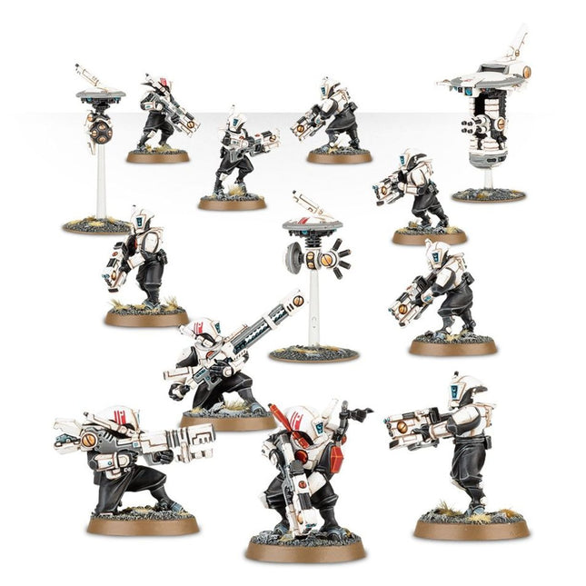 40K Tau Pathfinder team van Warhammer 40.000, Xenos model met gedetailleerde miniaturen en uitrusting, klaar voor spel.